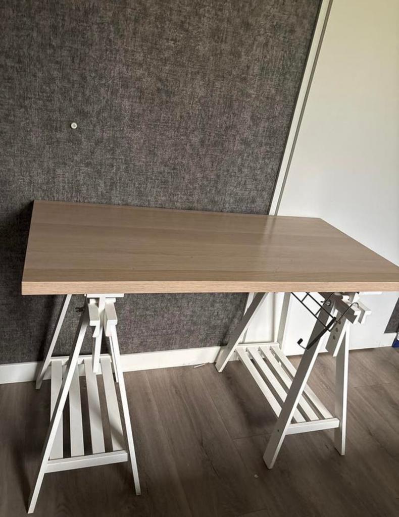 Bureau/Eettafel met schragen - Licht hout en wit, Gebruikt, 100 tot 150 cm, Ophalen of Verzenden, 150 tot 200 cm