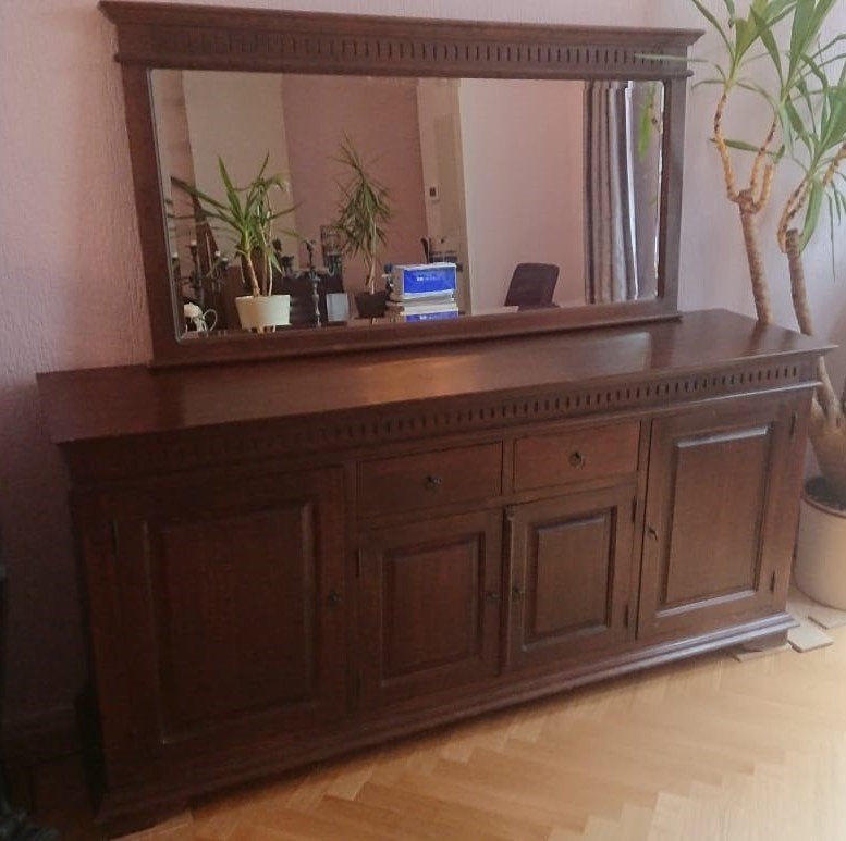 koloniale dressoir met bijpassende spiegel (massief hout), Ophalen, Gebruikt, Met deur(en), 200 cm of meer