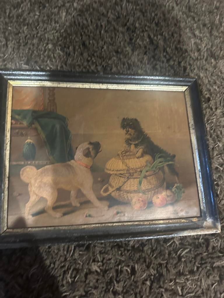 Antiek schilderij: Twee honden met mand, Ophalen of Verzenden