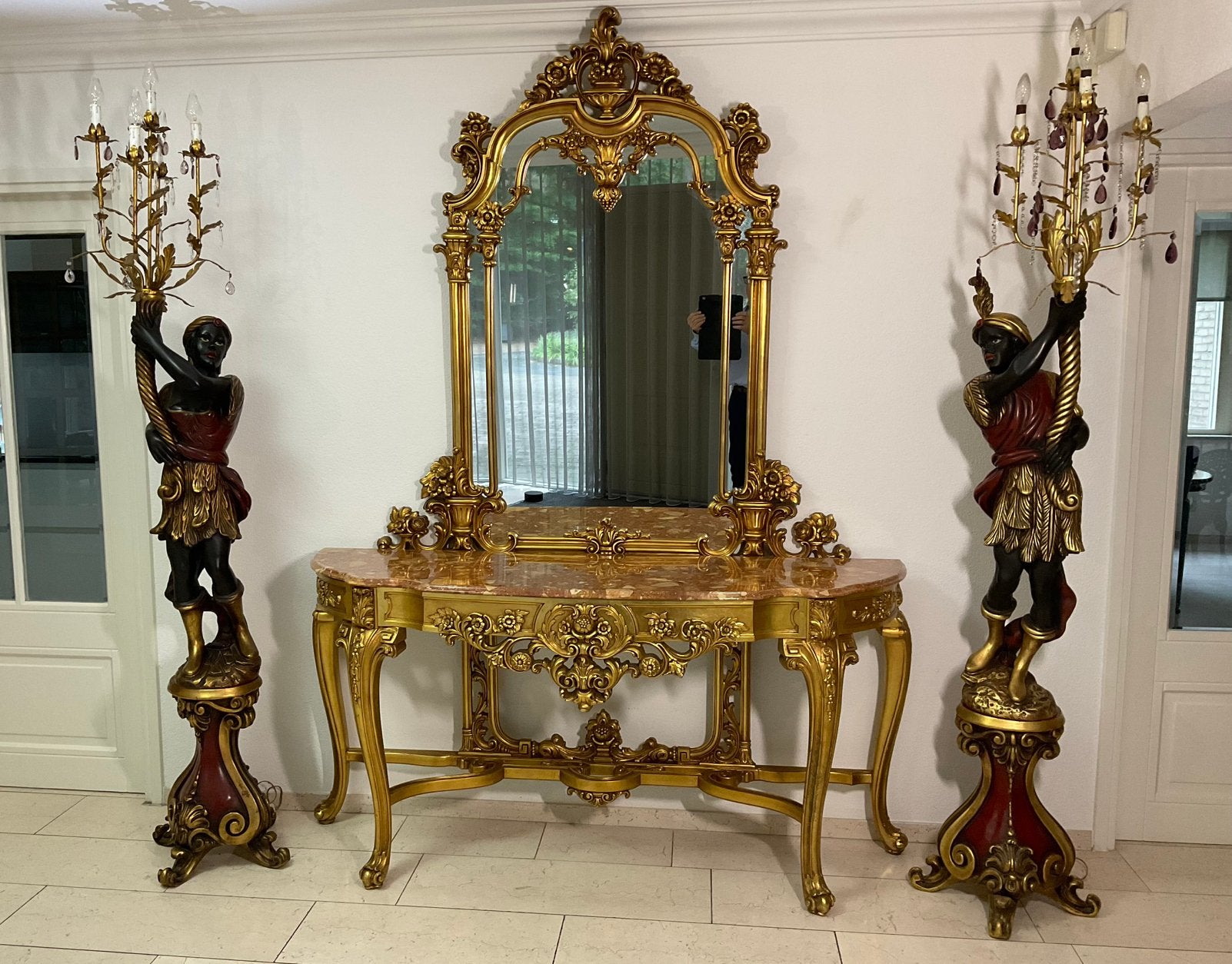 Set Venetian Blackamoor lampen 2.25m gesigneerd beeld marmer, Ophalen