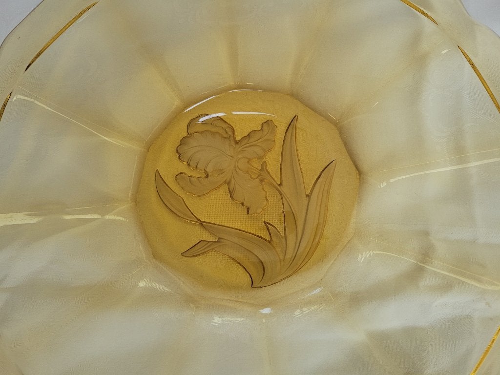 Vintage glazen Art Deco gebaksschaal 29 cm. in amber kleur, Ophalen of Verzenden