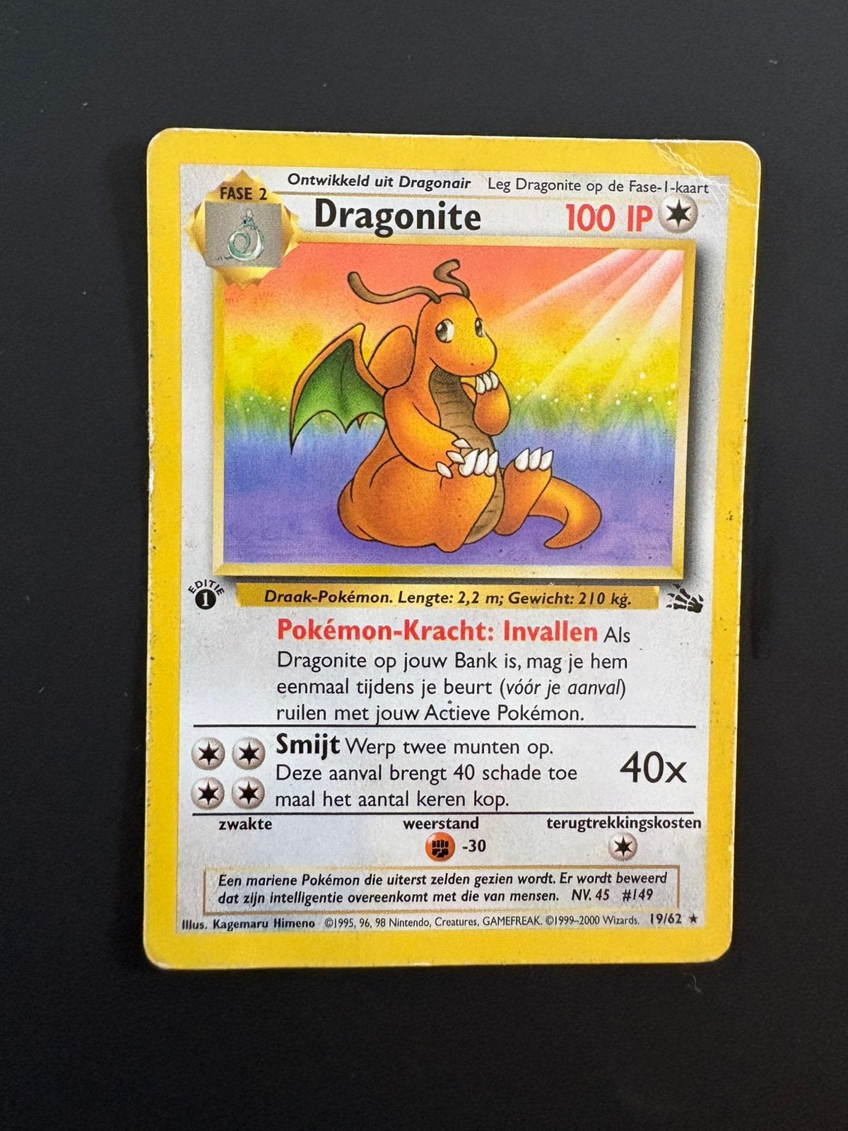 Dragonite  Fossil 19/62 1st Edition Nederlands, Hobby en Vrije tijd, Verzenden, Gebruikt
