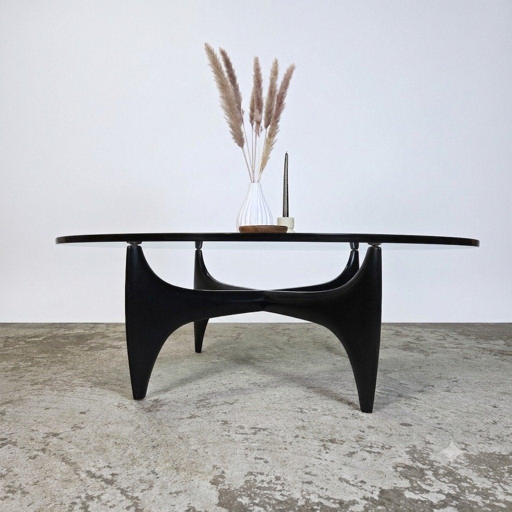 Vintage jaren 50-60 space age design salontafel glas en hout