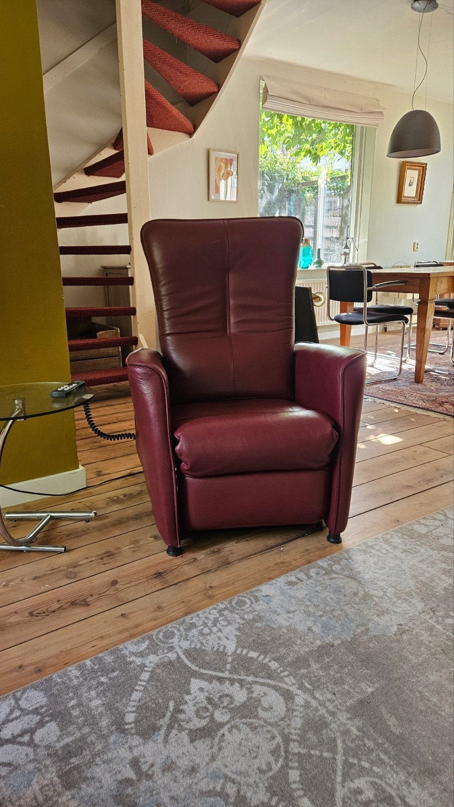 Prominent Leren Bordeaux Rode Sta-0p Stoel, Huis en Inrichting, Stoelen, Gebruikt, Leer, Ophalen of Verzenden, Rood