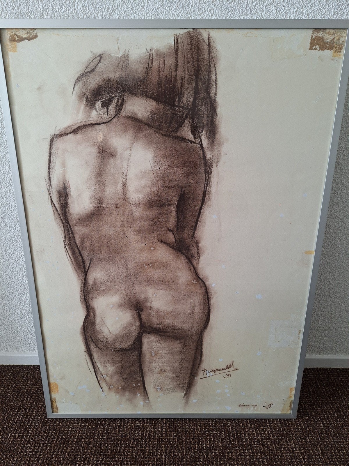 Gesigneerde naaktstudie in houtskool en pastel, Antiek en Kunst, Kunst | Tekeningen en Foto's, Ophalen, Tekening, Houtskooltekening
