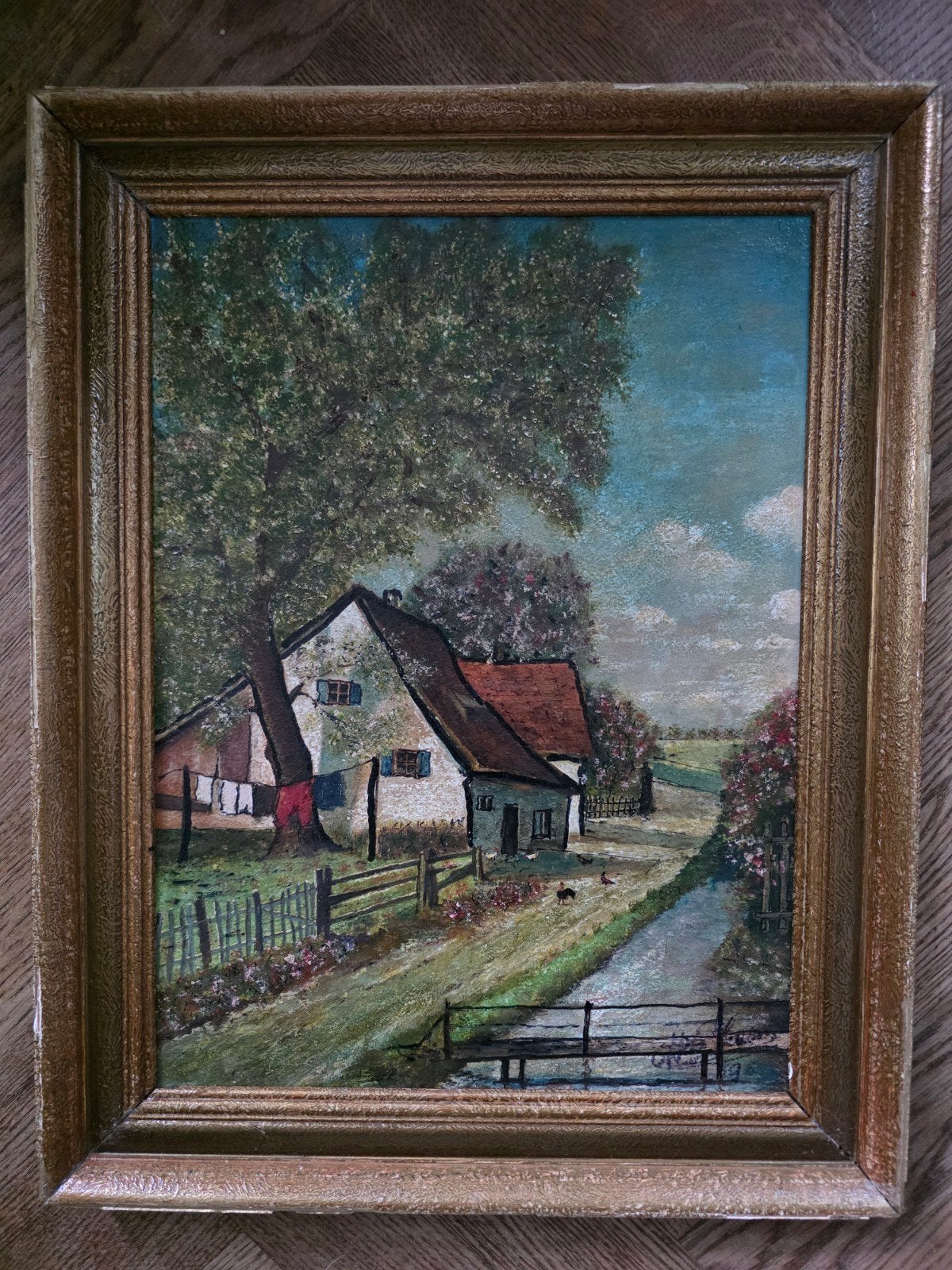 Olieverfschilderijtje op paneel/board, platteland tafereel, Antiek en Kunst, Paneel, Ophalen of Verzenden, Landschap, Olieverf