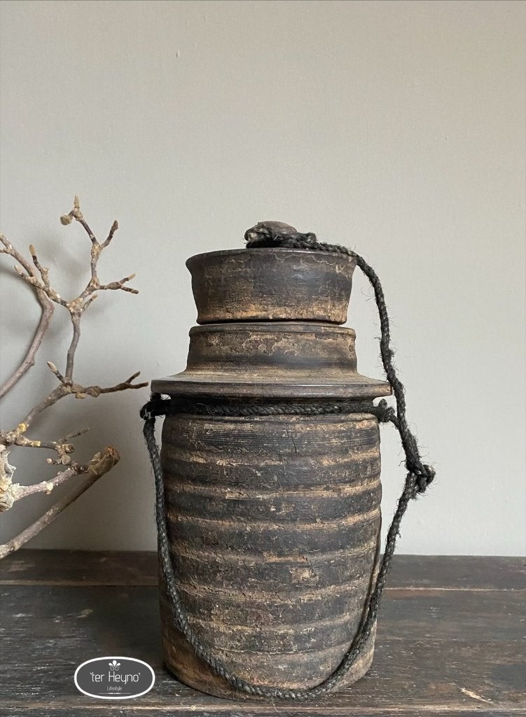 Oude houten kruik met deksel pot hout stoer sober landelijk, Hout, Verzenden, Nieuw, Landelijk