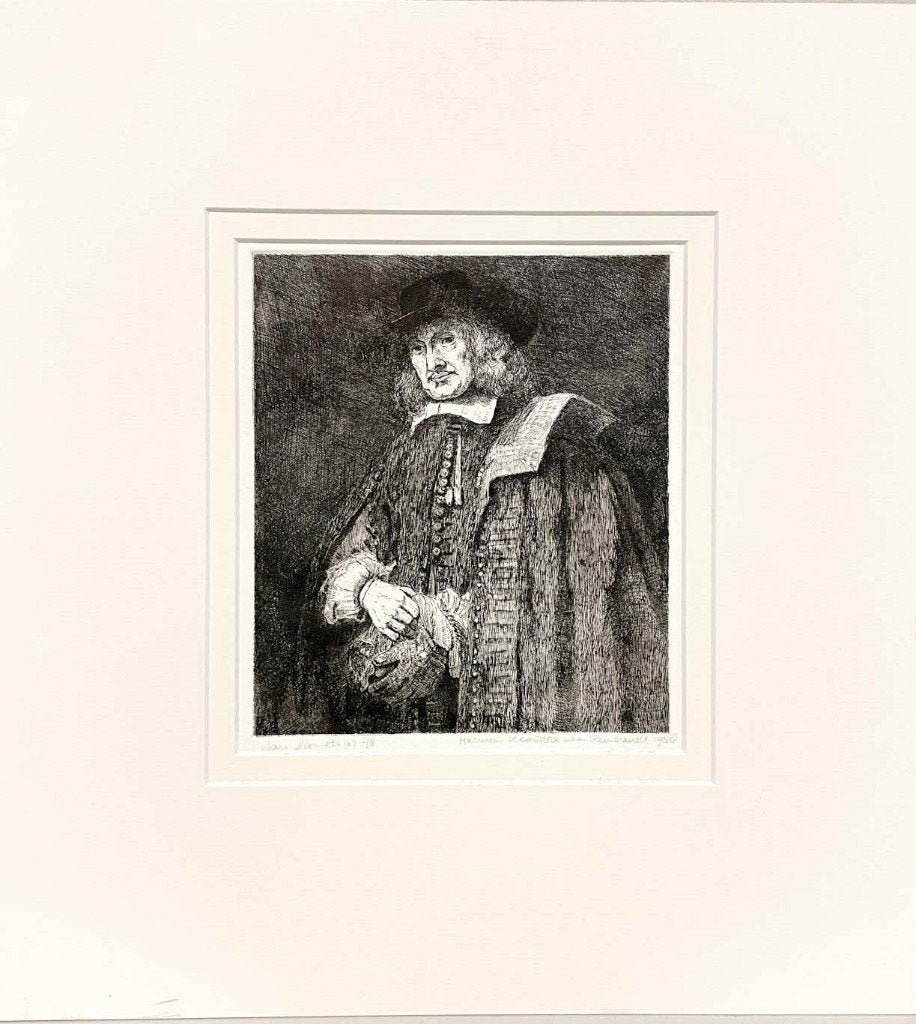 Harmen Kooistra - ets naar Rembrandt -Jan Six, Antiek en Kunst, 2000 tot heden, 18 cm, Ets, Portret