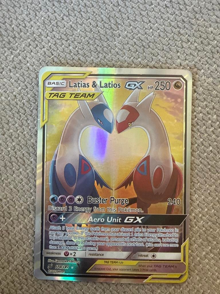 Latias & Latios GX Tag Team Pokémon Kaart nep, Ophalen of Verzenden, Zo goed als nieuw, Losse kaart, Foil