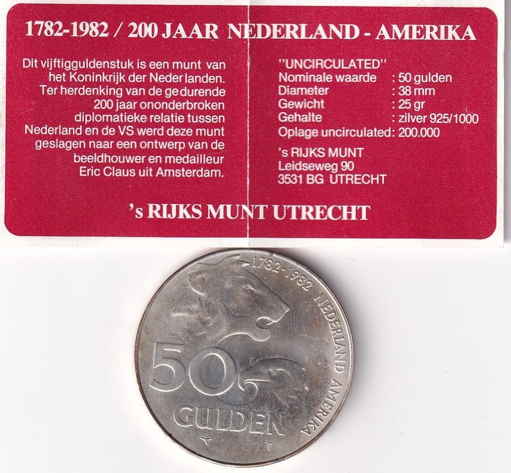 50 Gulden 1982 UNC met Patina met boekje in Doosje, Postzegels en Munten, Munten | Nederland, Verzenden, Koningin Beatrix, Zilver