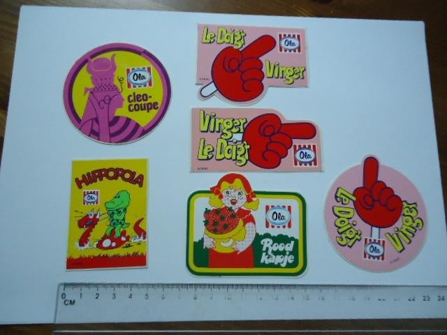 sticker OLA IJS ijsje kind strip retro cartoon roodkapje 6x, Verzenden, Zo goed als nieuw