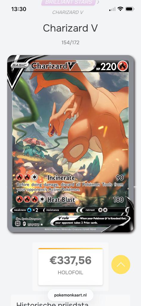 Charizard V 154/172 Brilliant Stars Holofoil Pokémon Kaart, Ophalen of Verzenden, Zo goed als nieuw, Losse kaart, Foil