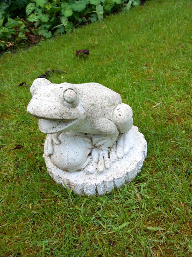 Vrolijke betonnen kikker voor tuin of vijver, Tuin en Terras, Tuinbeelden, Ophalen of Verzenden, Gebruikt, Beton, Dierenbeeld