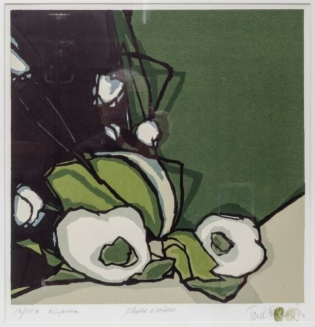Fon Klement(1930)Boardsnede "Les fleurs d'hiver "Ges Gen Ged, Linosnede, Overige onderwerpen, Ophalen of Verzenden, Gelimiteerde oplage