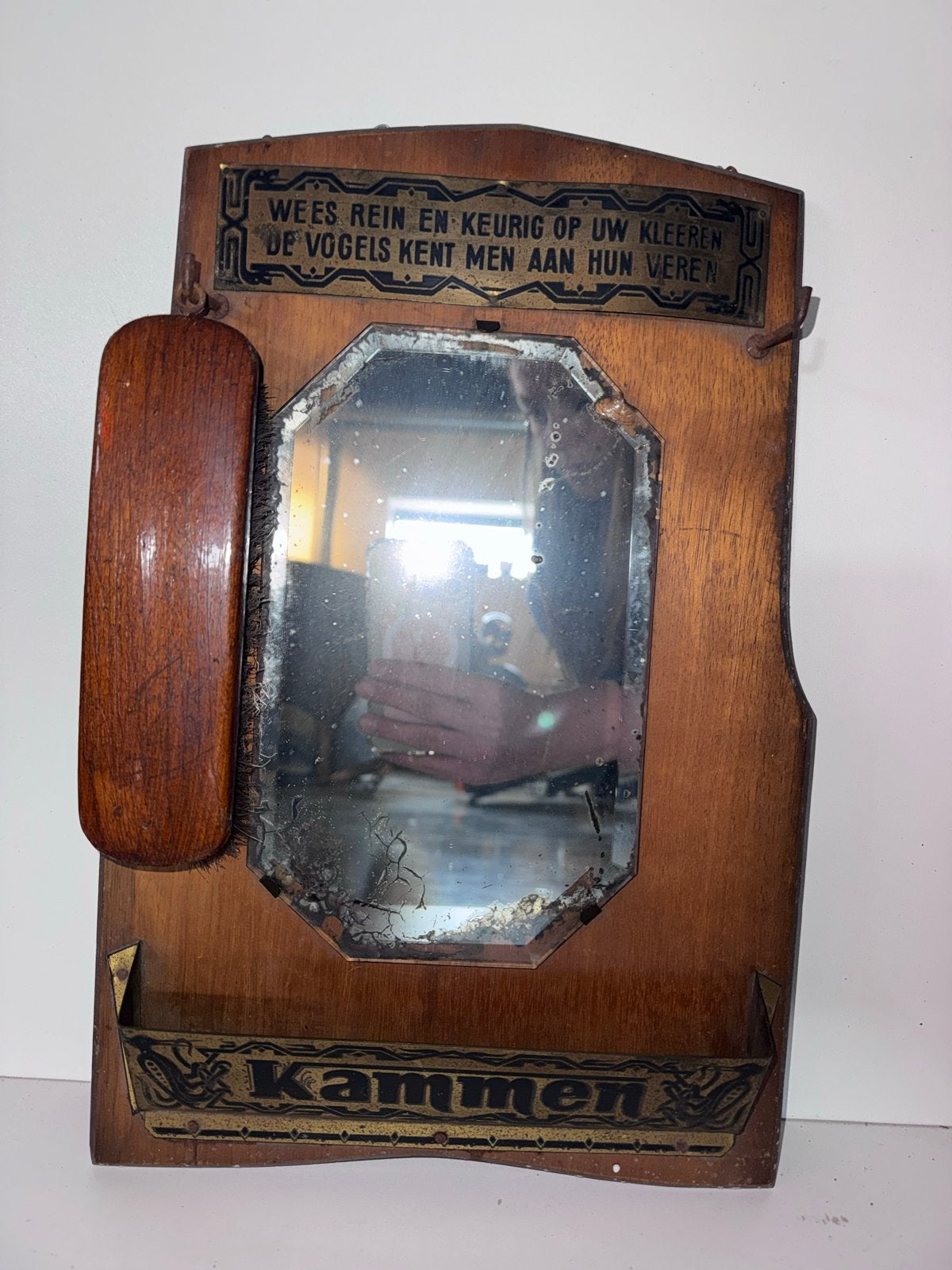 Antieke houten kapstok met spiegel en borstelhouder, Ophalen of Verzenden