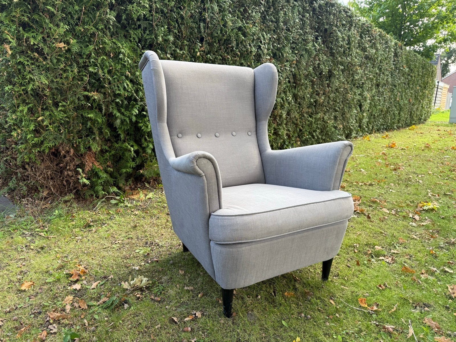 2x IKEA Strandmon Oorfateuil Nordvalla donkergrijs, Ophalen, Gebruikt, Stof, 75 tot 100 cm