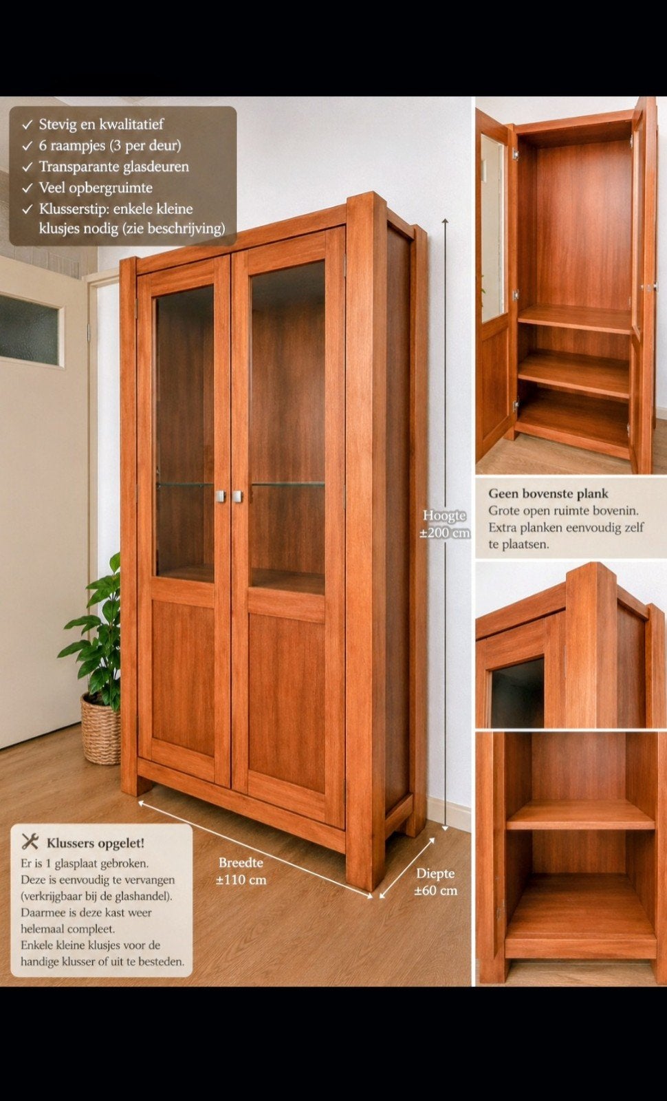 Robuuste houten vitrinekast met glazen deuren, Huis en Inrichting, Kasten | Vitrinekasten, Ophalen, 100 tot 150 cm, Glas, 150 tot 200 cm