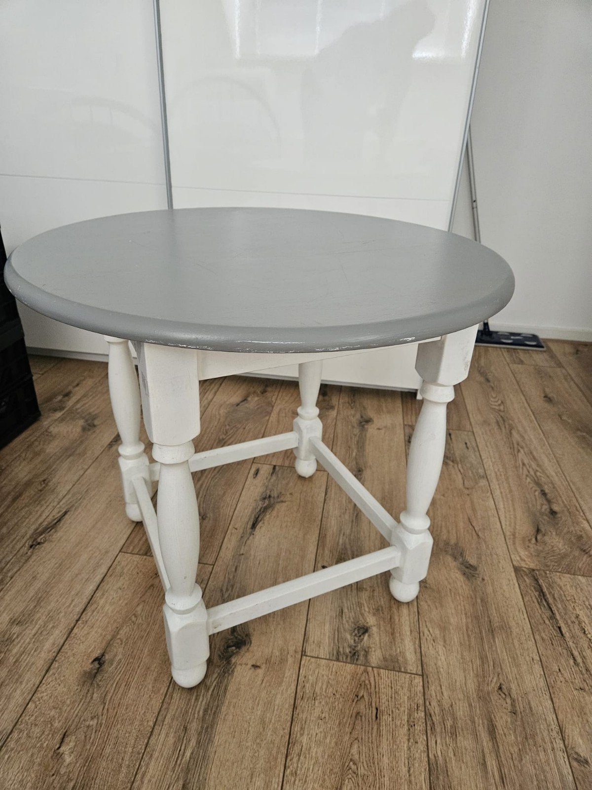 Salontafel grijs wit, eikenhout 68cm blad, Gebruikt, Rond, 55 tot 75 cm, Hout
