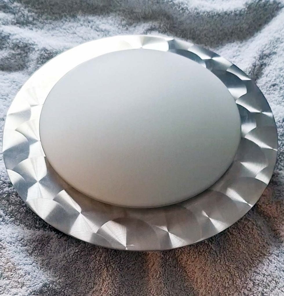 Plafonniere met aluminium ring, Ophalen, Gebruikt, Glas, Plafondlamp