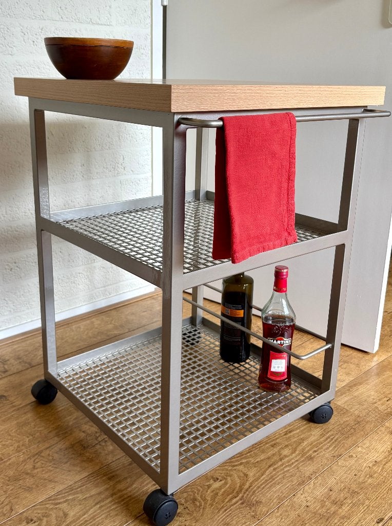Verrijdbaar Keukenrek met Houten Blad en Metalen Frame, Ophalen, Grijs, 50 tot 100 cm, Zo goed als nieuw