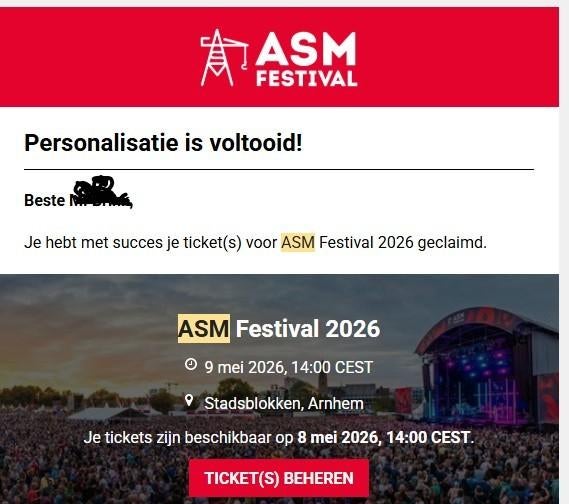 2 tickets ASM Festival Arnhem 9 mei, Tickets en Kaartjes, Twee personen