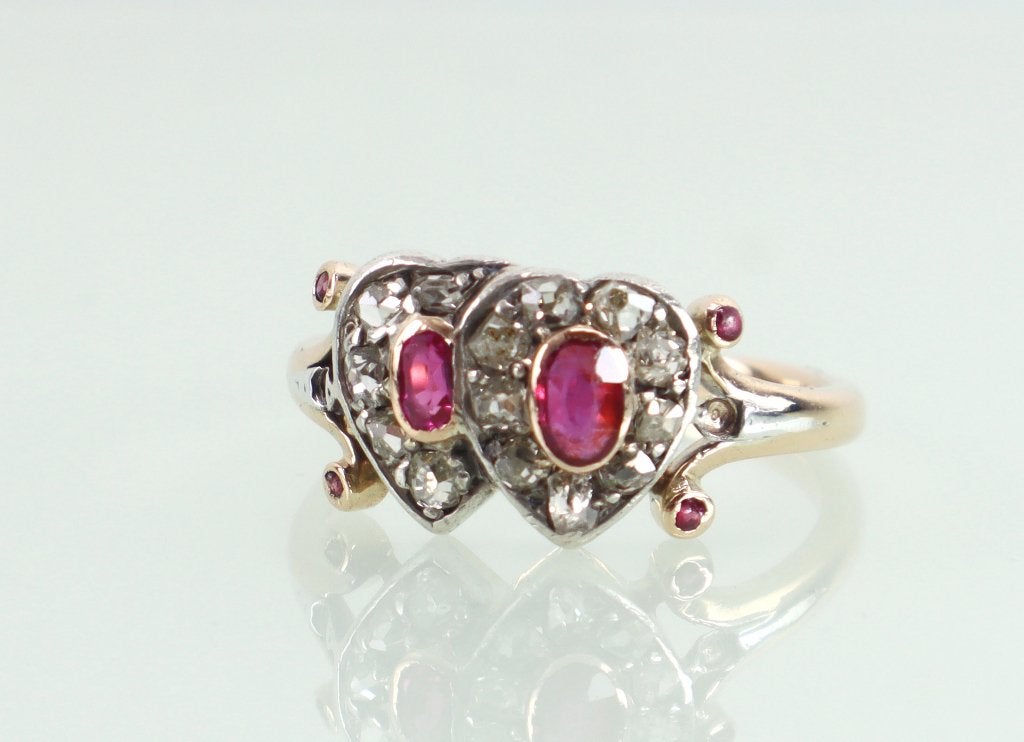 Antieke gouden ring twee harten robijn old mine diamant, Sieraden, Tassen en Uiterlijk, Ophalen of Verzenden, Goud, Ring, Met edelsteen