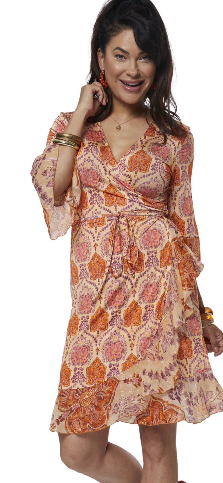 Tessa Koops overslagjurk met print - Maat XS, Oranje, Ophalen of Verzenden, Zo goed als nieuw, Maat 34 (XS) of kleiner