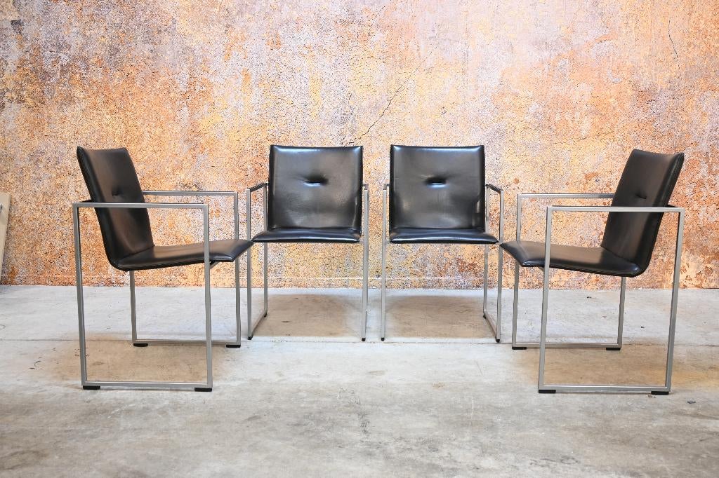 ZGANieuw 4 zwarte leren Arco Frame design eetkamerstoelen, Arco, Zwart, Ophalen of Verzenden, Zo goed als nieuw