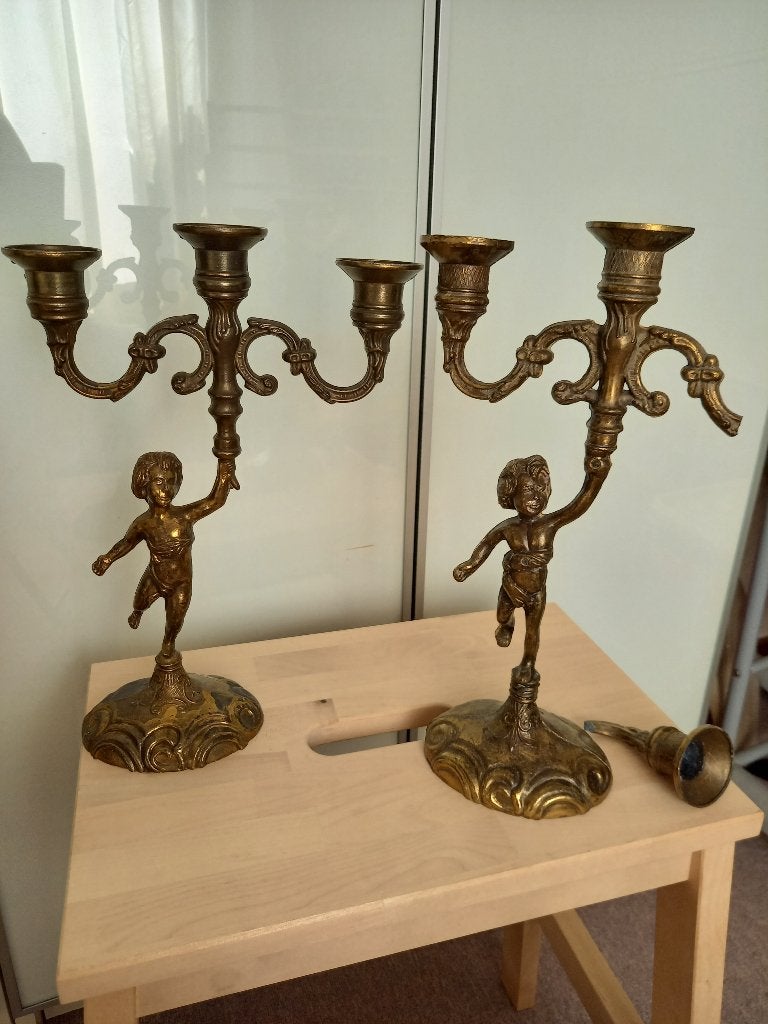 2 Putti / Engel Kandelaars / Engelenkandelaars Met 3 Armen, Antiek en Kunst, Ophalen of Verzenden