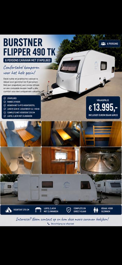 Burstner flipper 490 tk 6 persoons caravan, Treinzit, Particulier, Dwarsbed, Bürstner