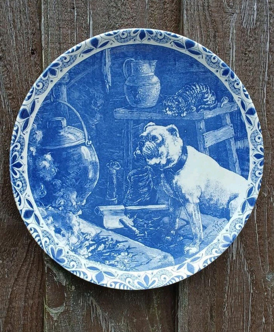 Vintage Blauw Delfts Bord met Hond en Kat, Ophalen of Verzenden