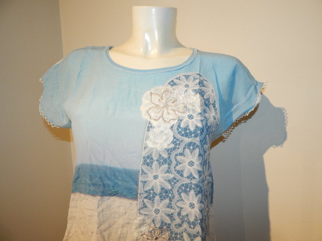 Marccain zijde shirt top zomerse print stiksels sier N3 M, Kleding | Dames, T-shirts, Maat 38/40 (M), Zo goed als nieuw, Korte mouw