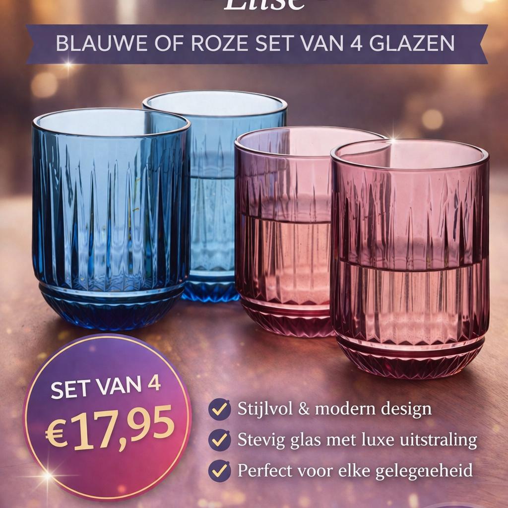 Mondex Elise Glazen Set - Blauw of Roze (4 stuks), Verzenden, Nieuw, Meerkleurig, Overige merken