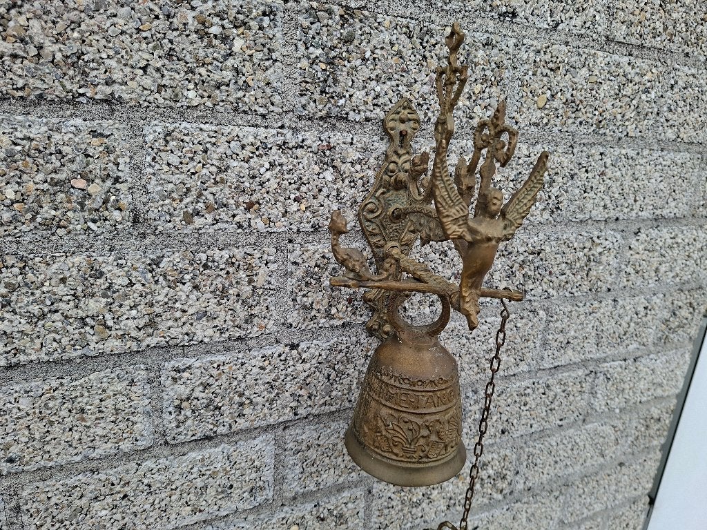 antiek geel koper kloosterbel met draak, Antiek en Kunst, Ophalen of Verzenden