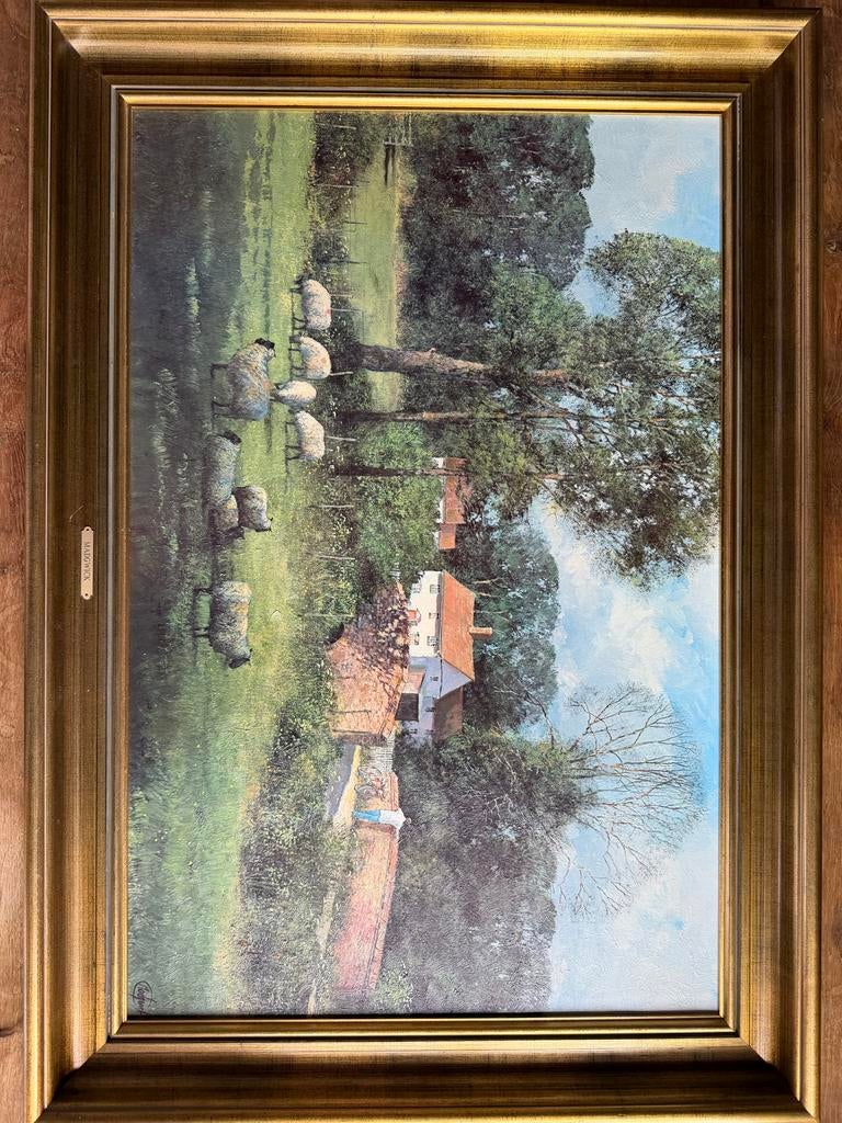 Schilderij C. Madgwick - Landschap met schapen en boerderij, Ophalen of Verzenden
