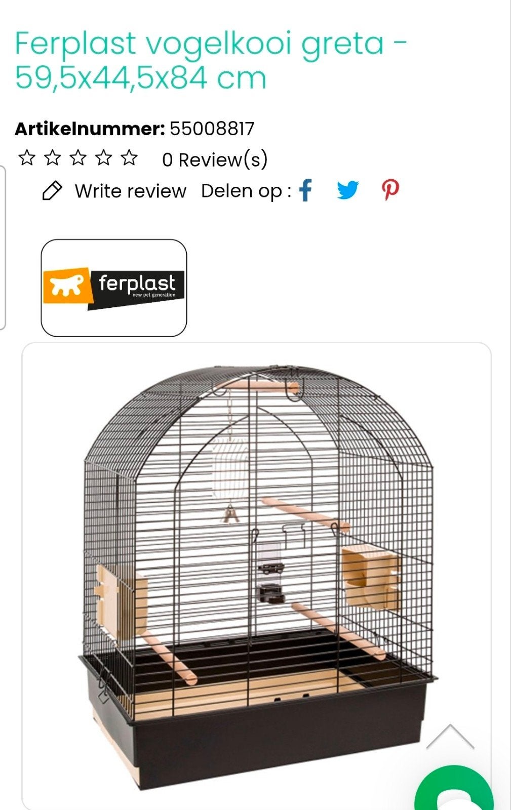 Ferplast Greta vogelkooi, Dieren en Toebehoren, Ophalen, Gebruikt, Metaal, Vogelkooi
