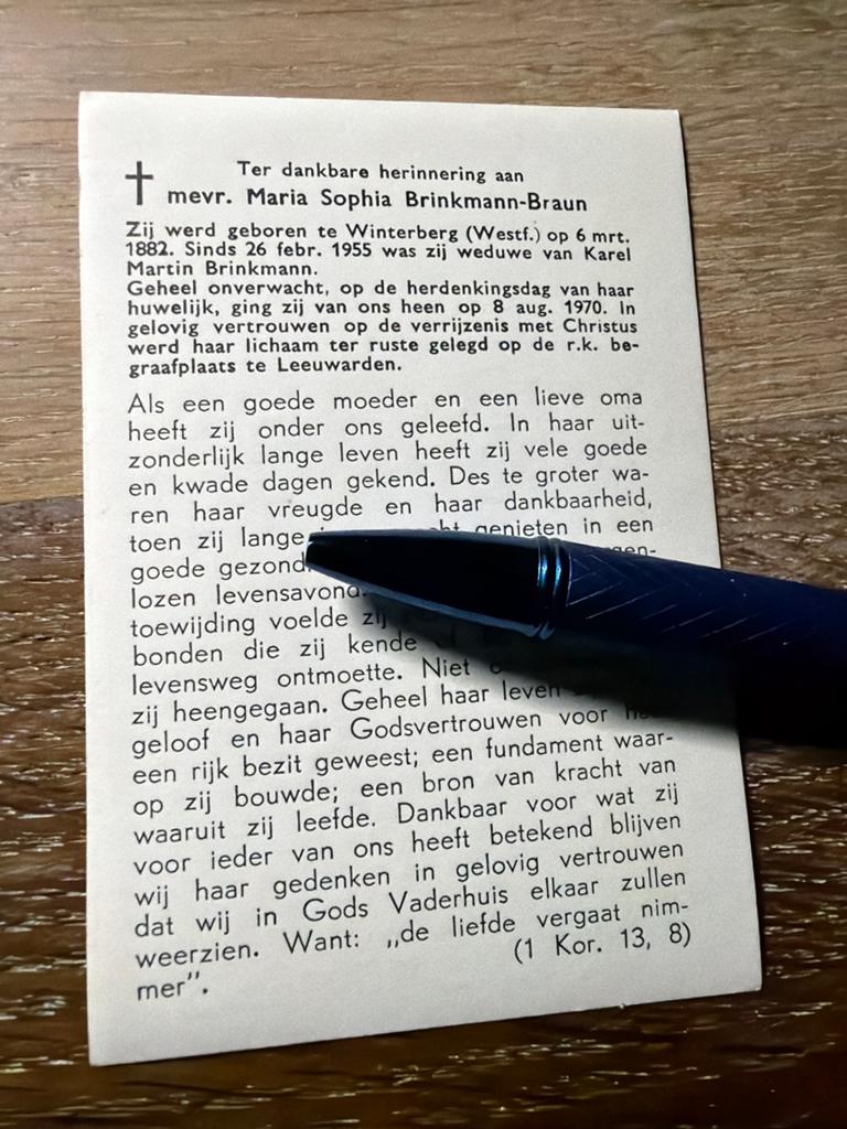 Braun Maria Winterberg (westf) 1970 Leeuwarden x Brinkmann, Ophalen of Verzenden, Bidprentje