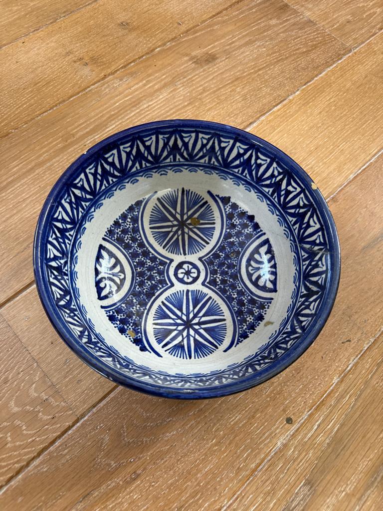 Antieke Marokkaanse kom - Handgeschilderd blauw en wit, Ophalen of Verzenden