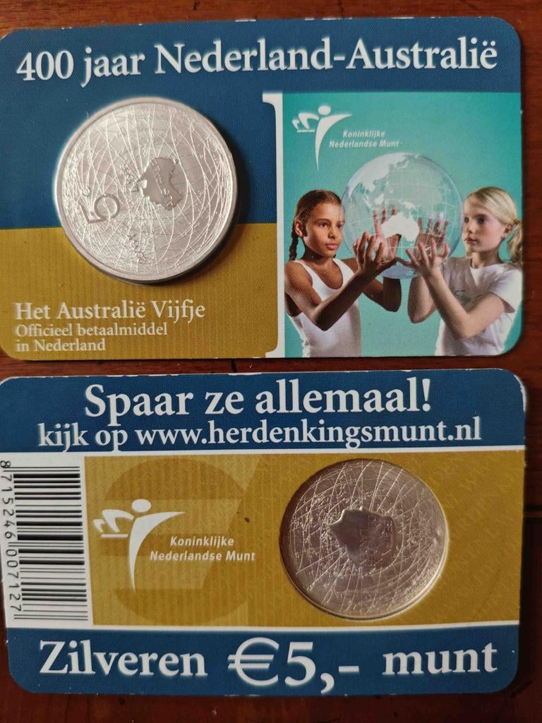 Zilveren UNC €5 munt op coincard - 400 jaar NL-Australië, Ophalen of Verzenden, Koningin Beatrix, Euro's