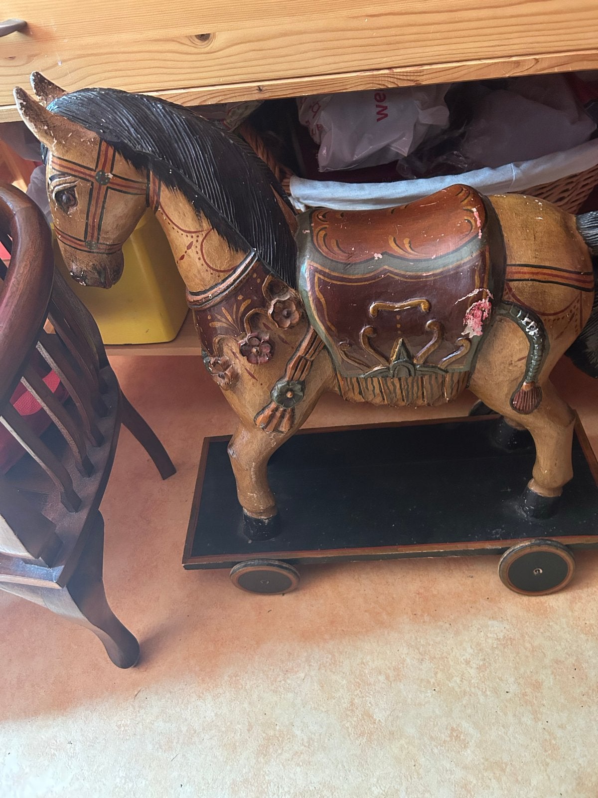 Antiek houten paard op wielen - Decoratief object, Ophalen