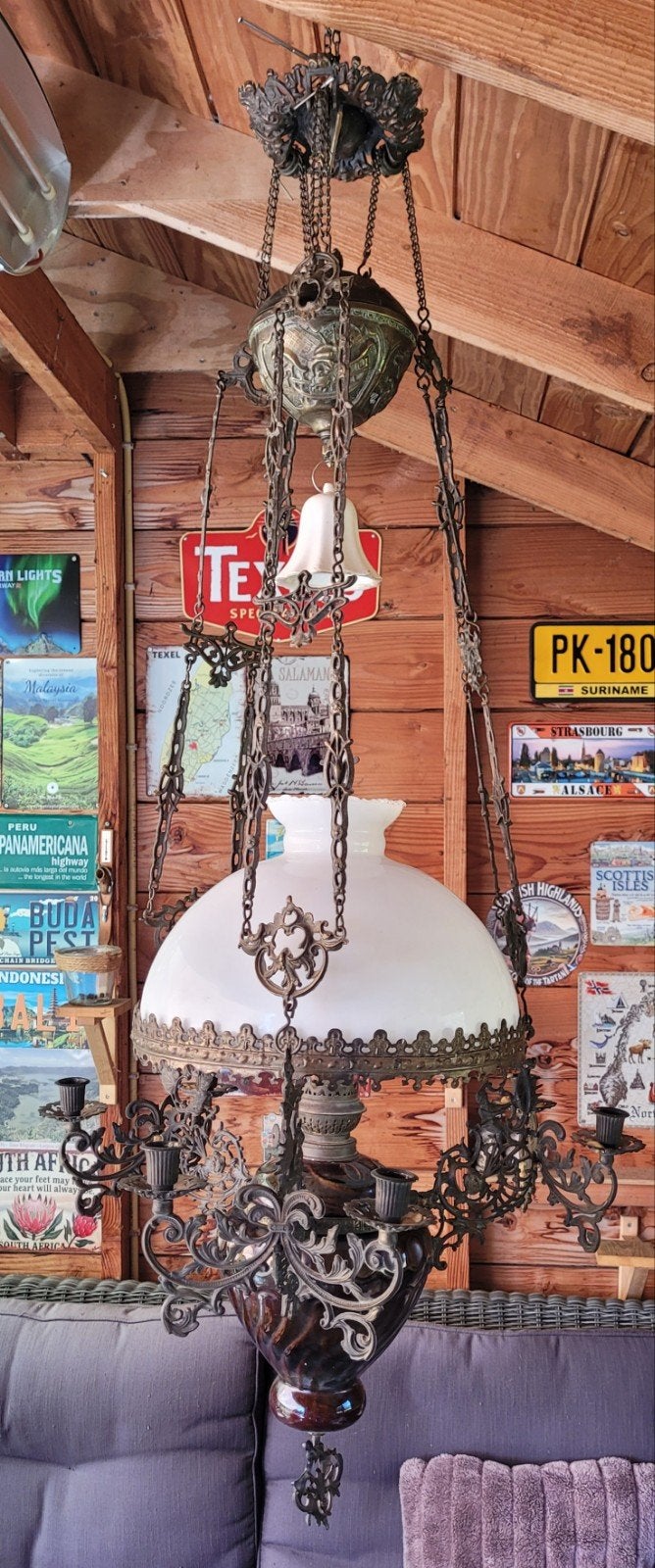 Antieke olielamp met kaarsenstandaards en Franse kap gratis, Antiek en Kunst, Ophalen