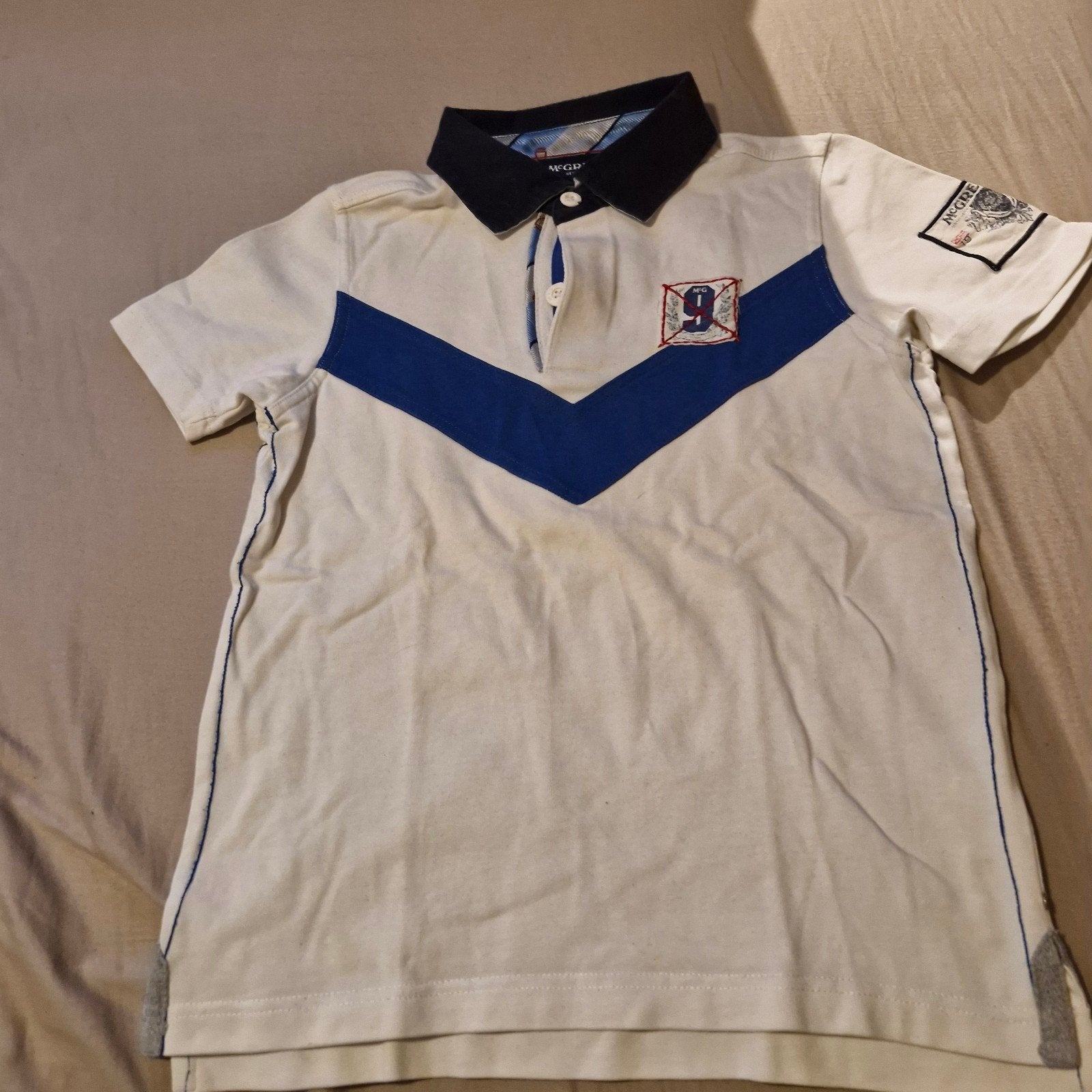 McGregor witte polo maat 140 met blauwe accenten, Kinderen en Baby's, Kinderkleding | Maat 140, McGregor, Ophalen of Verzenden