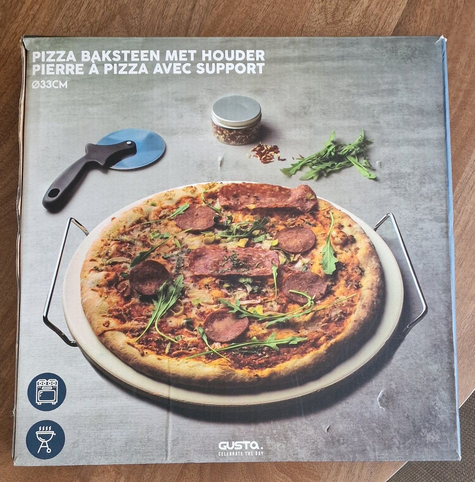 Gusta Pizzasteen met houder Ø33cm, Ophalen, Zo goed als nieuw