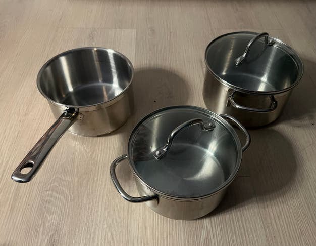 BK 3-delige pannenset RVS - 17cm steelpan, 17cm en 19cm pann, Gebruikt, BK, Pannenset, Ophalen of Verzenden