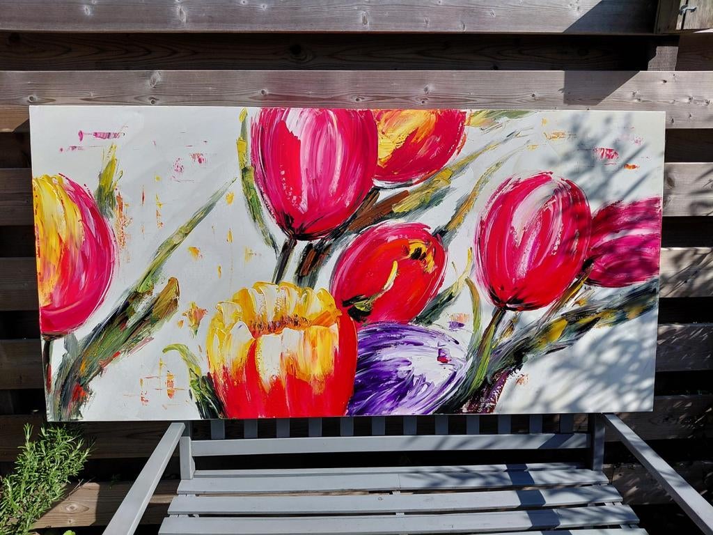 Groot tulpen schilderij 150x75 cm - Kleurrijk en modern, Ophalen