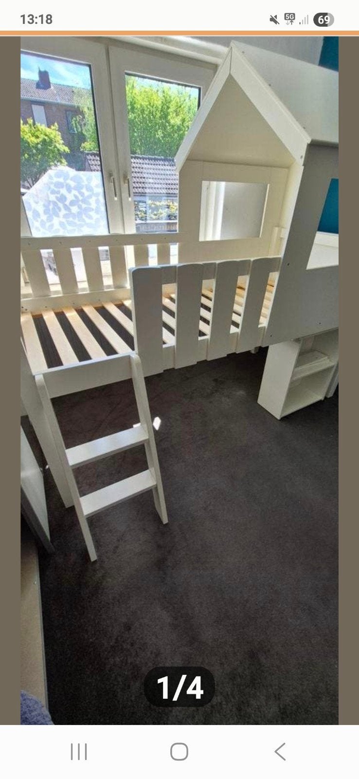Uniek Huisbed met Bureau en Opbergruimte, 85 tot 100 cm, Gebruikt, Ophalen of Verzenden, Hoogslaper of Stapelbed