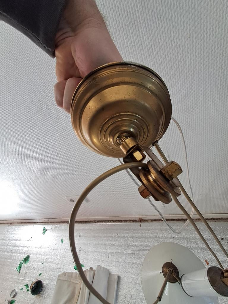 Vintage plafondlamp met contragewicht - messing en glas, Antiek en Kunst, Ophalen of Verzenden