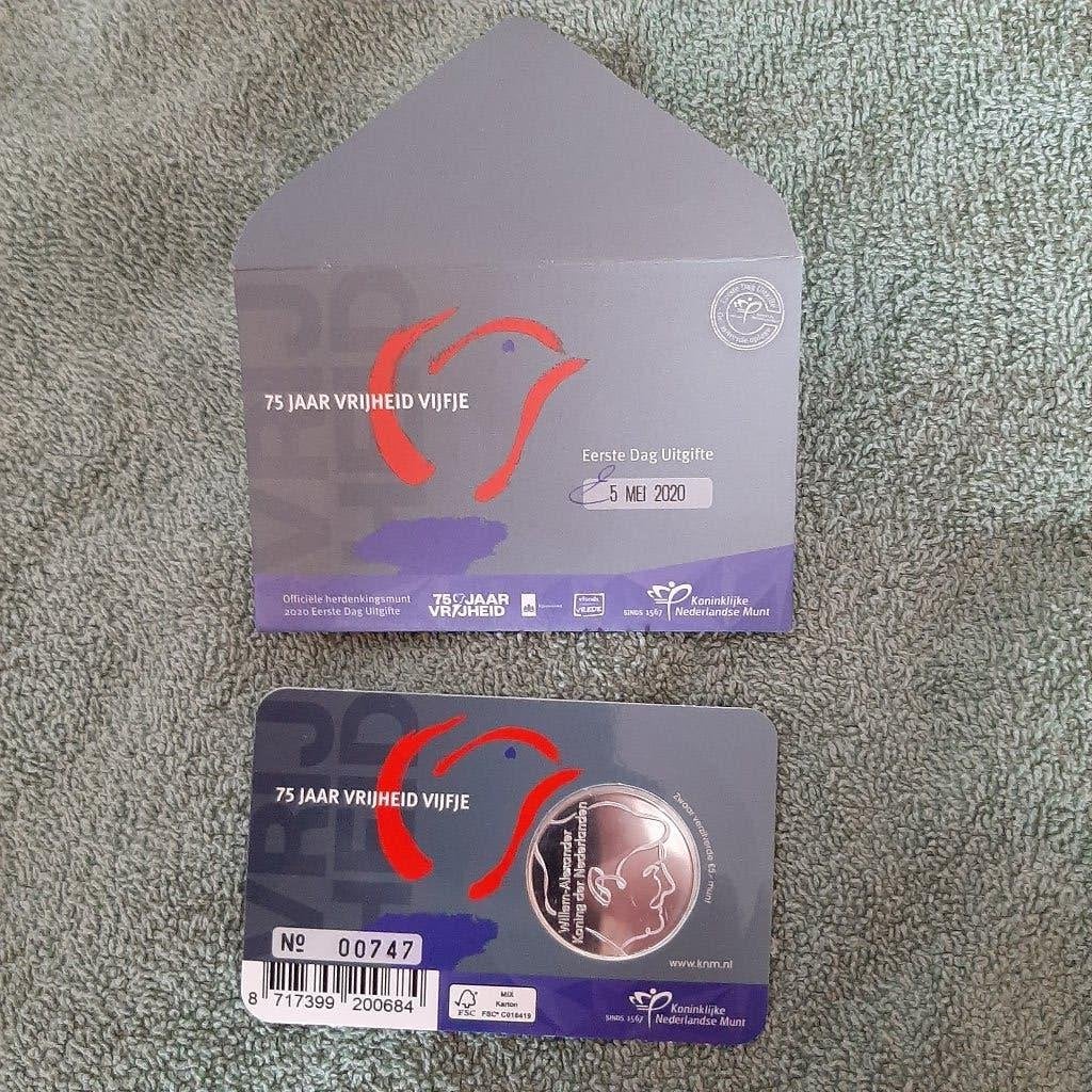 2020 Coincard 75 Jaar Vrijheid Vijfje (1e Dag)., Ophalen of Verzenden, Overige landen, 5 euro, Setje