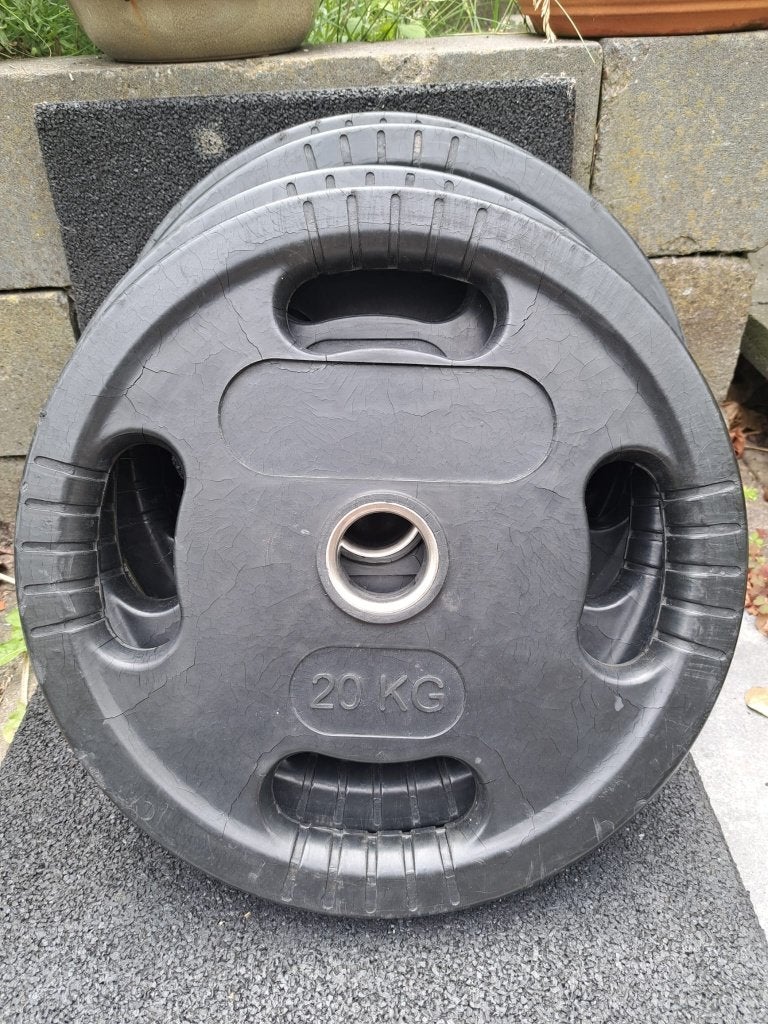 Rubberen halterschijven, dumbbellstangen en curlstang, Ophalen, Gebruikt, Halterschijven
