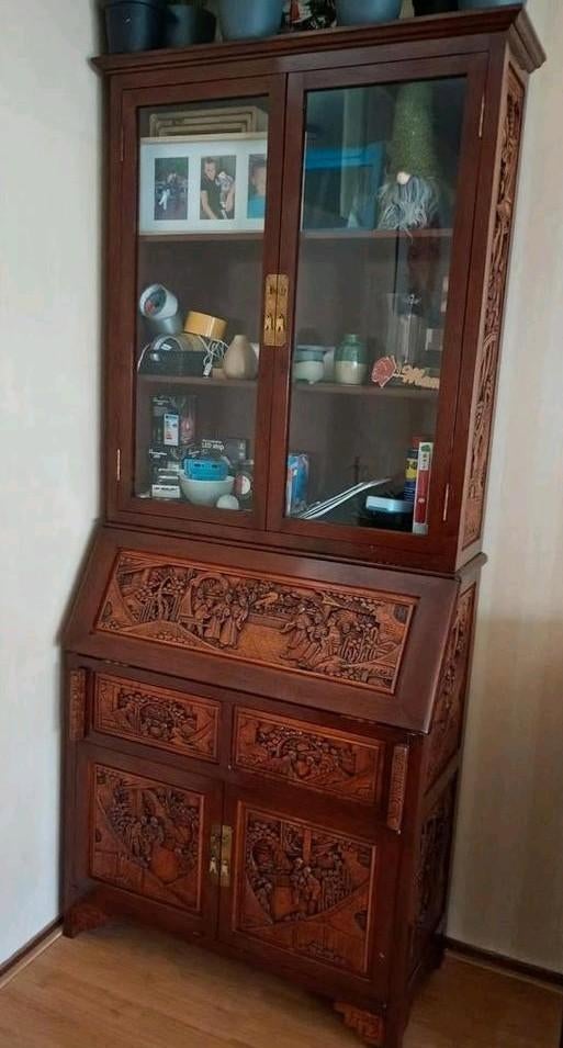 Mooie oude Indische 2-delige secretaire kast, Ophalen, Gebruikt, Indisch, Klassiek